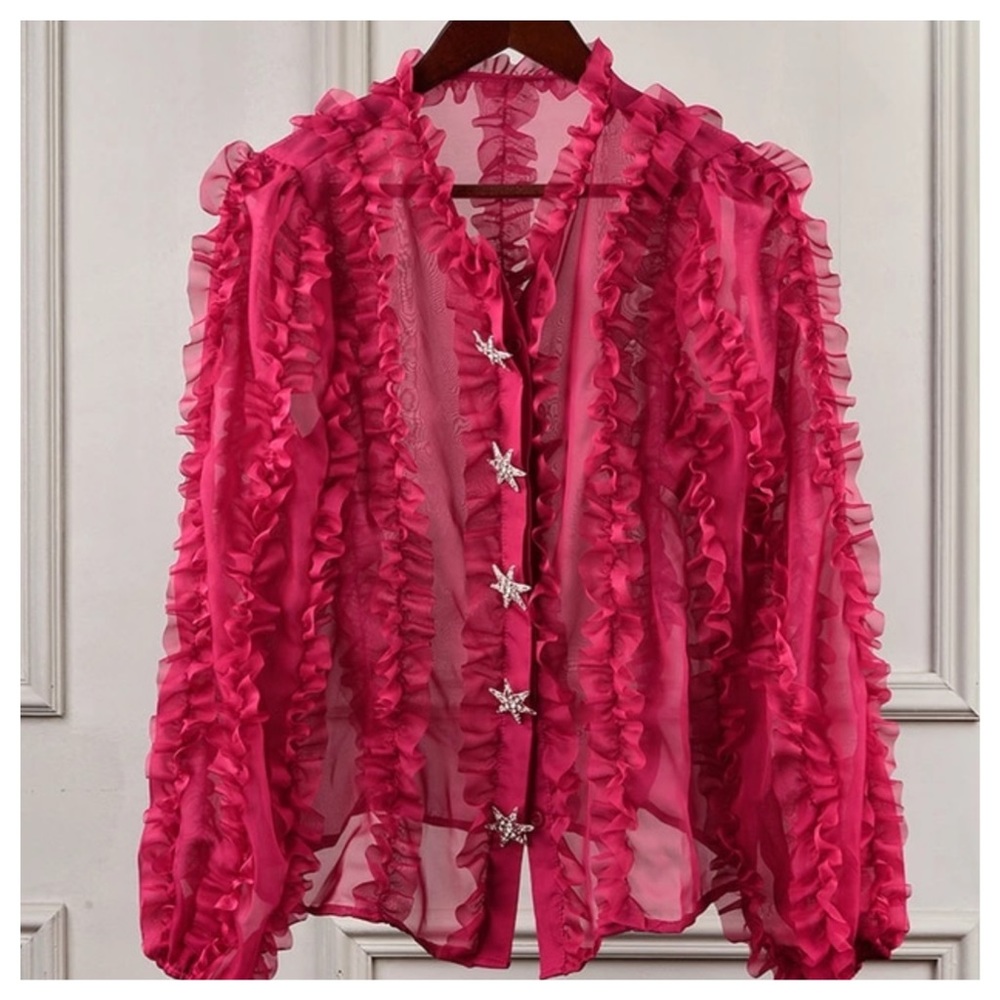 Sheer Fuchsia Ruffle Top The Brynne - Picture 5 of 8